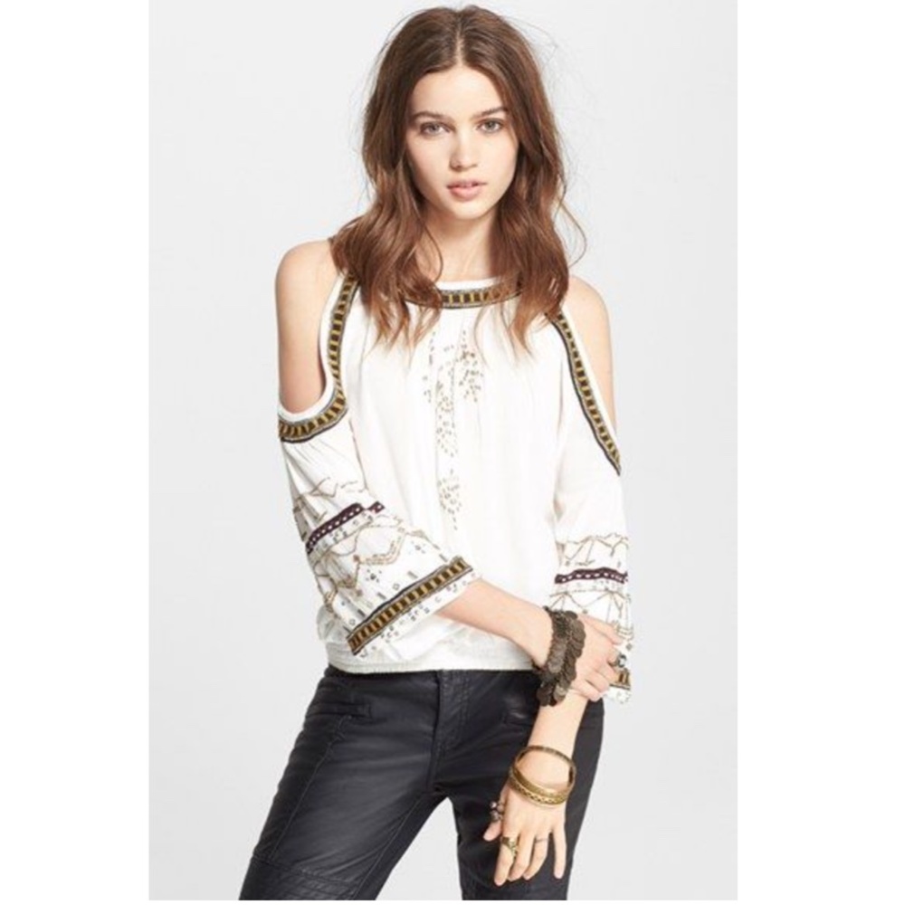 Free People Give Him The Cold Shoulder Blouse Embellished Top Shirt Medium
